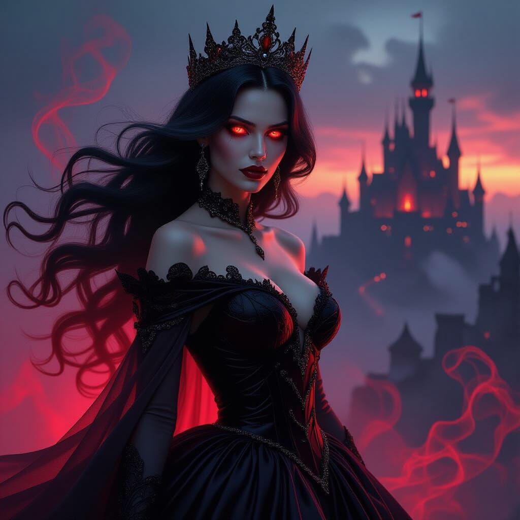 Vampire Queen in Blood Gown with Crimson Eyes in Gothic Cast...