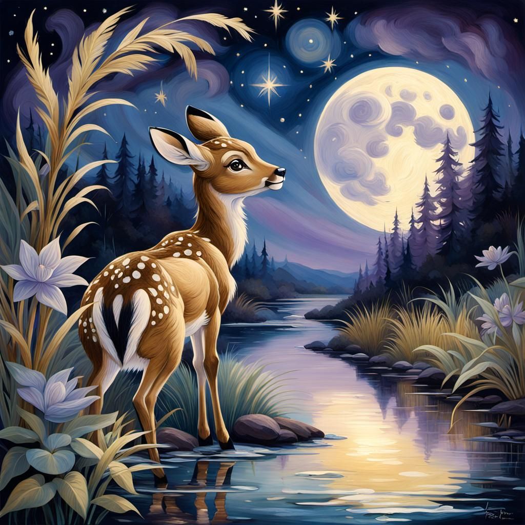 Art Deco Bambi by River in Pre-Raphaelite Style