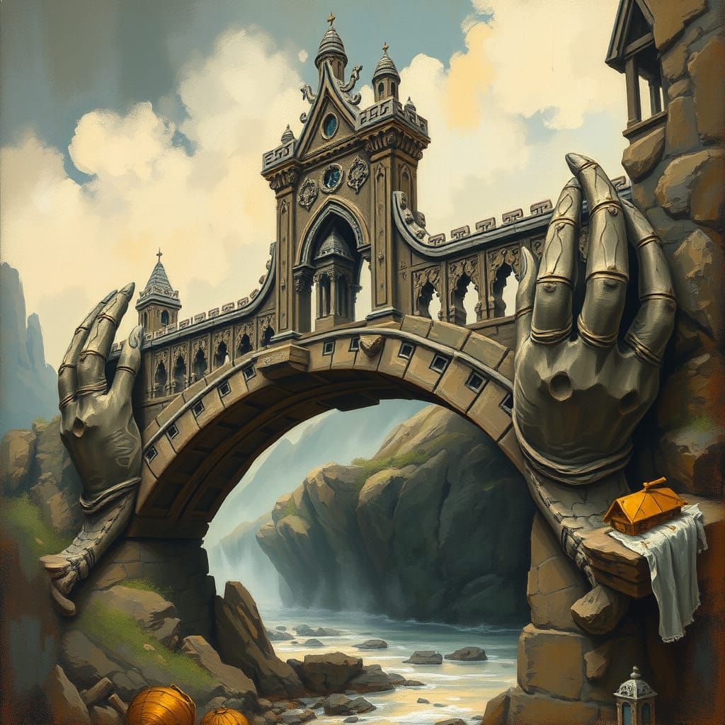 Mystical Bridge of Stone Giants in Earthy Gouache Impasto