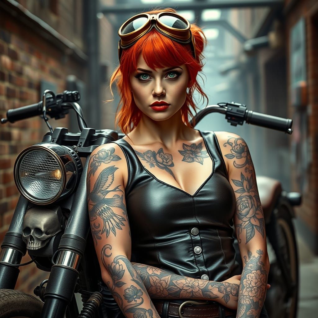 Steampunk Goddess on Vintage Motorcycle in Industrial Landsc...
