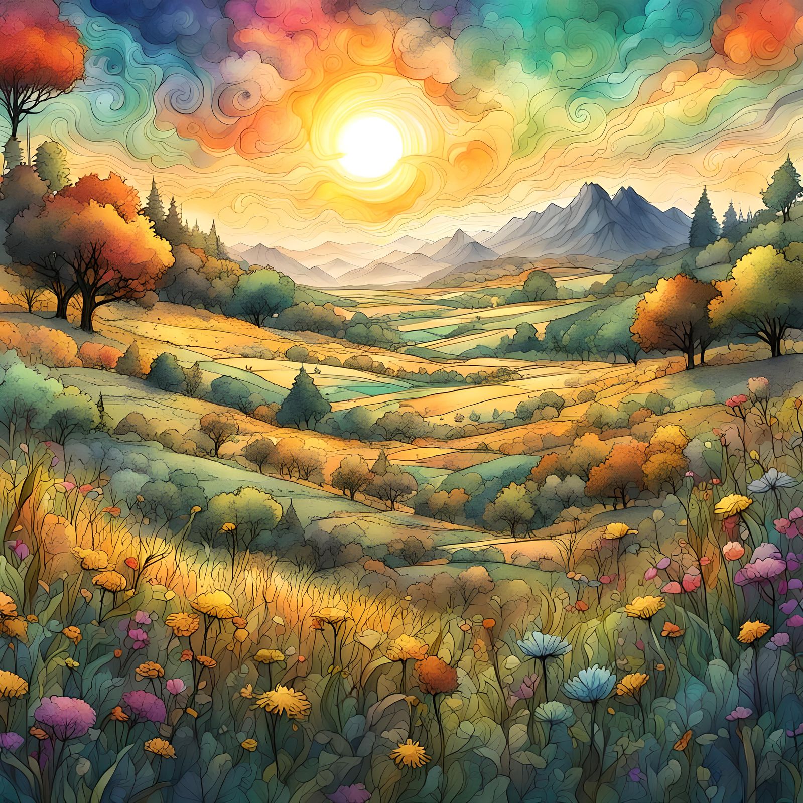 Watercolor Meadow with Ink Details