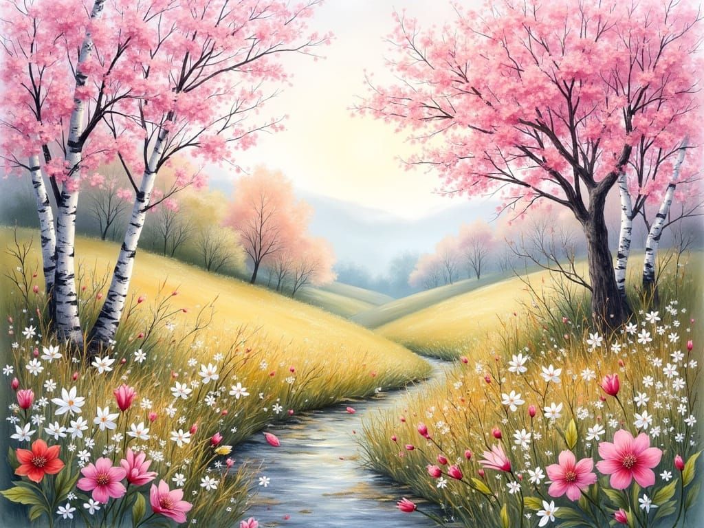 Vibrant Watercolor Spring Valley