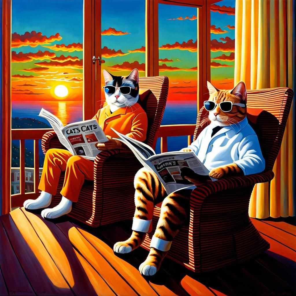 Surreal Cats Enjoying Sunset Balcony View