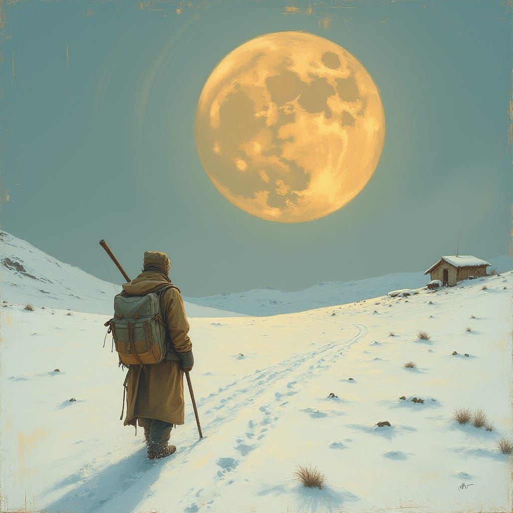 Imagine a lone traveler traversing a desolate, snow-covered ...