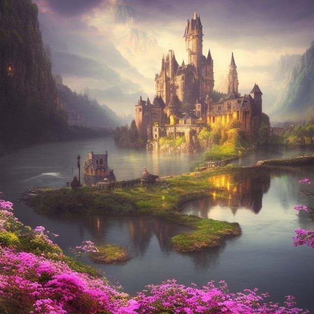 Picturesque Castle Scene with River and Flowers