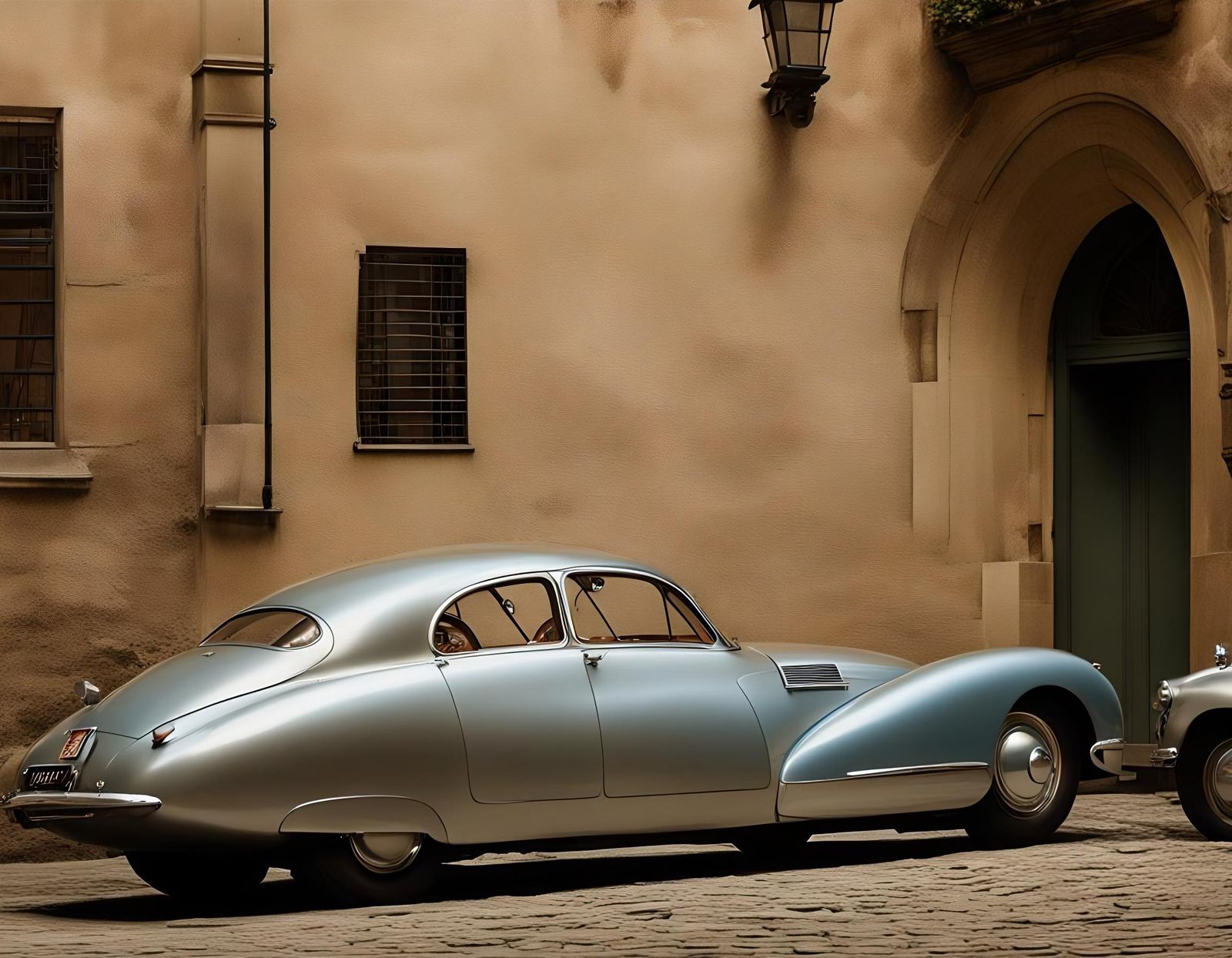 Classic Silver Car on Cobblestones in Streamlined Design