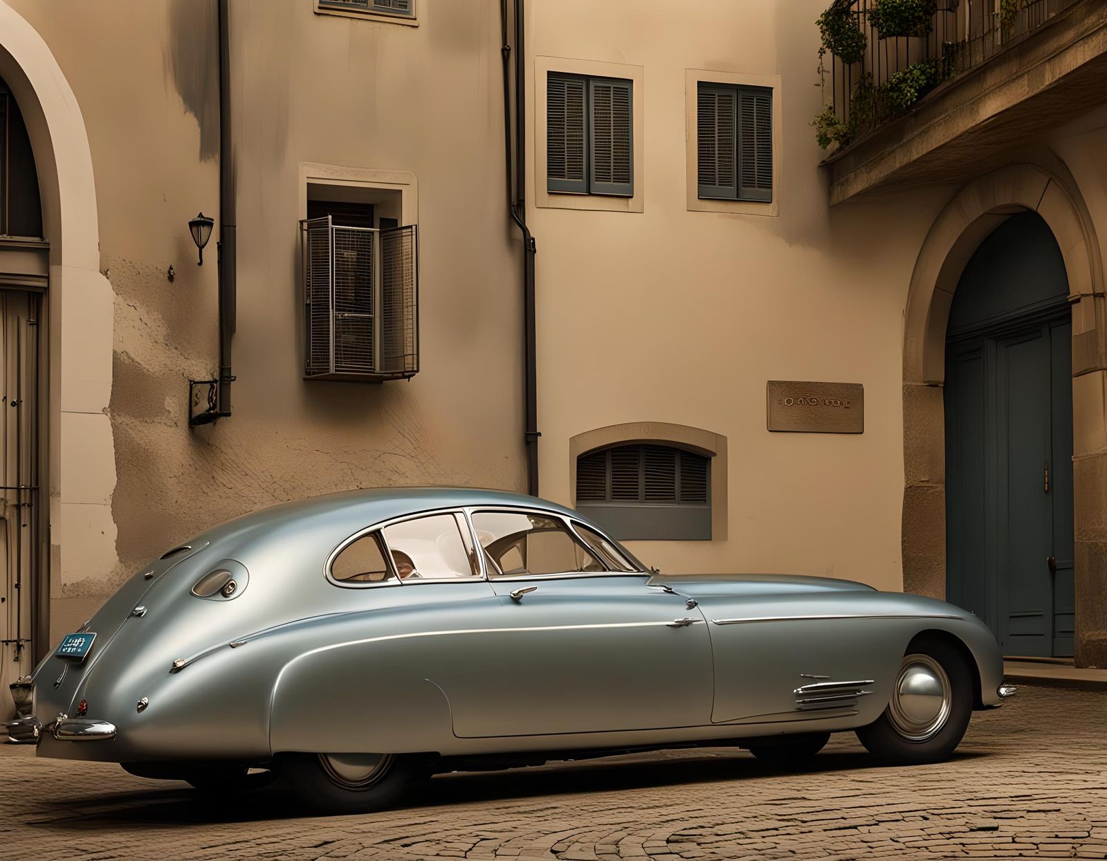 Vintage Silver Car on Cobblestones: Streamlined Design