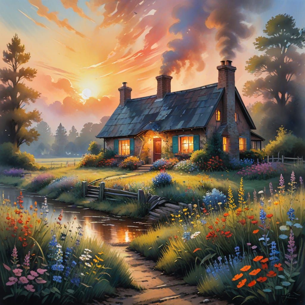 Una acogedora cabaña ubicada en un prado de flores silvestres, con humo elevándose suavemente de la chimenea, iluminada ...