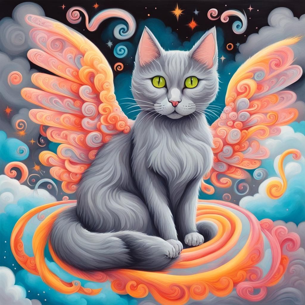 Winged Grey Cat in Candyland Cloudscape