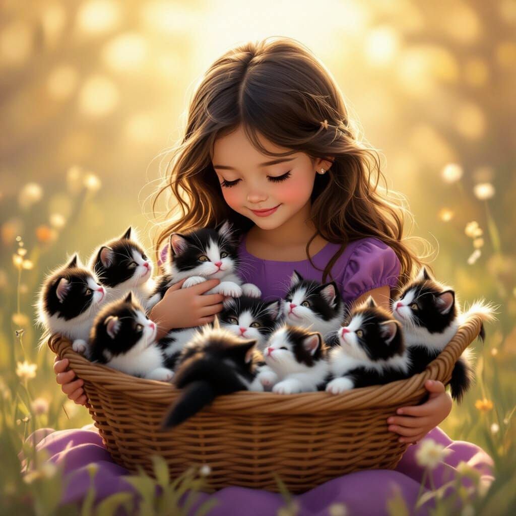 Girl Cradles Kittens in Golden Hour Storybook Style