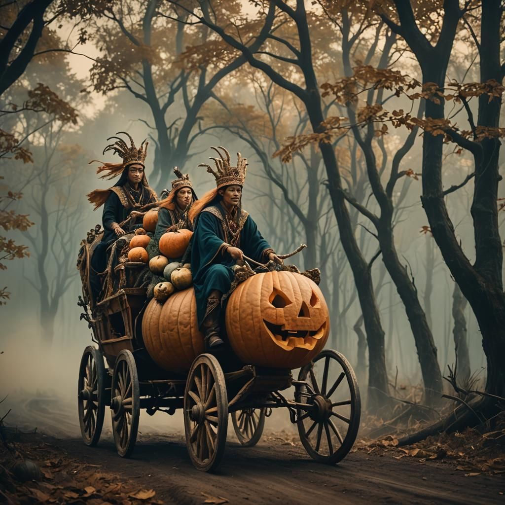 Pumpkin Carriage in Flying Forest, Cinematic Still