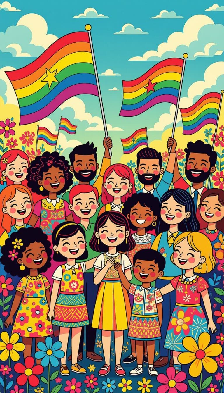 Rainbow Scene of Diverse People with LGBT Flags