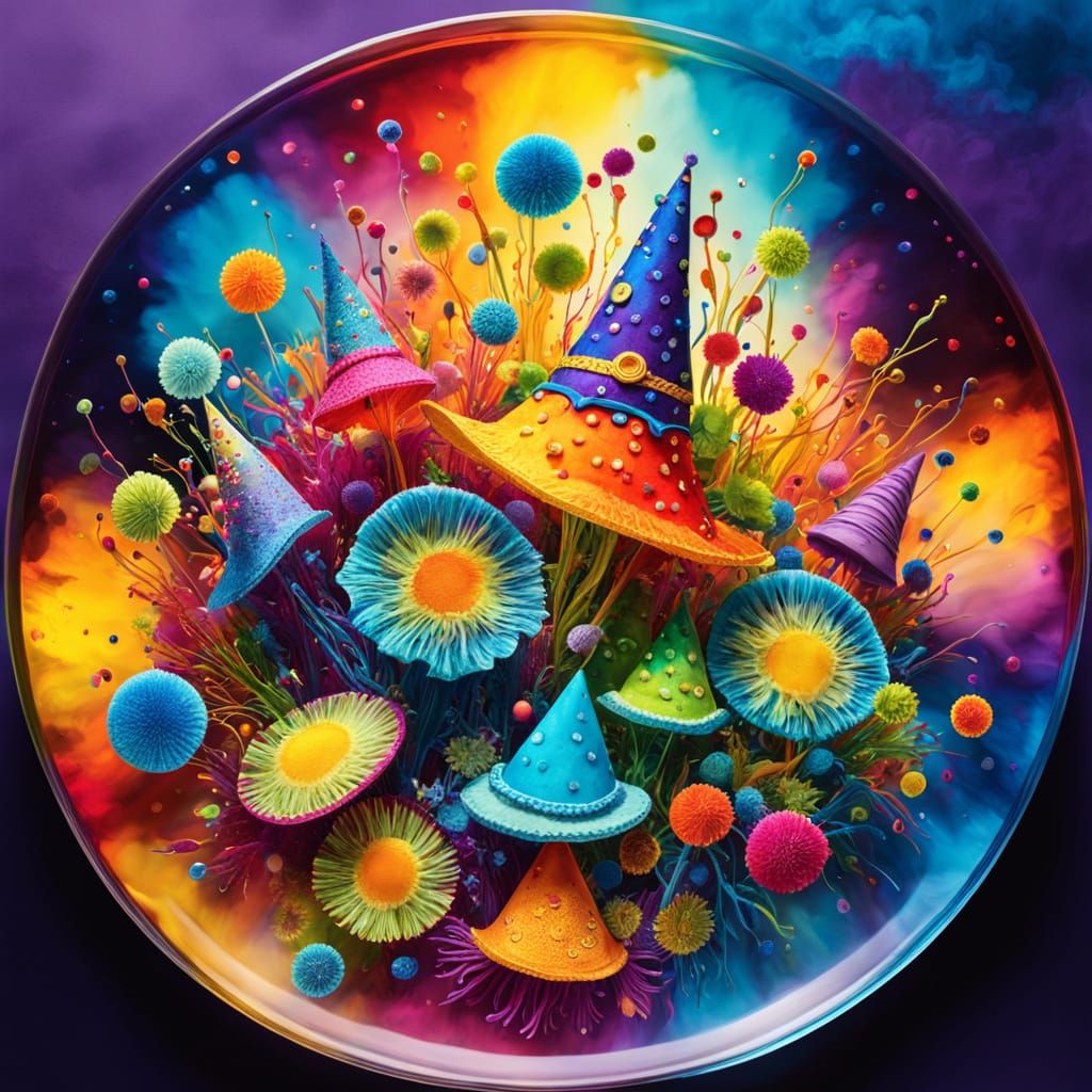 Cheerful Microbes Dancing in Petri Dish, Alcohol Ink Style