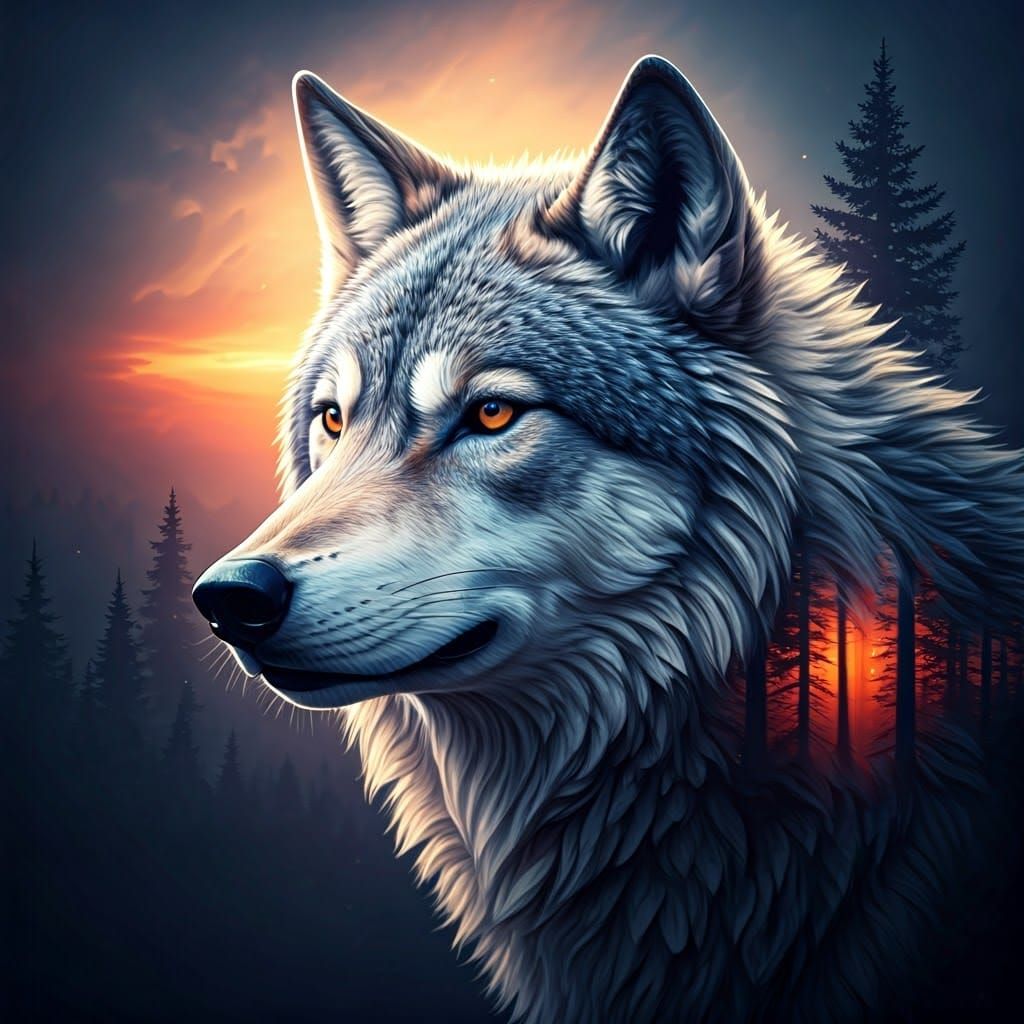 Wolf Double Exposure Watercolor Art in 8k