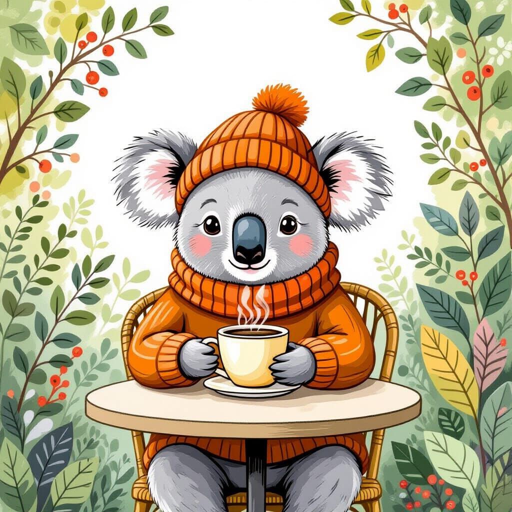 koala drinking coffee in a cafe
