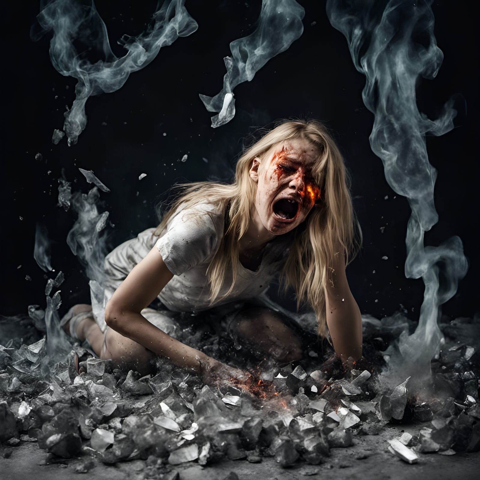 Petite Blonde Girl Crying in Ashes and Fire