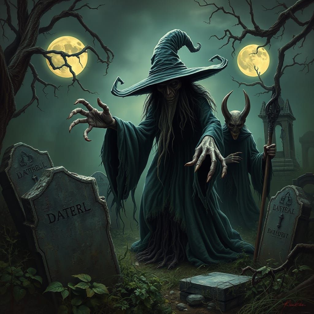 Ethereal Witch in Haunting Gothic Graveyard Scene