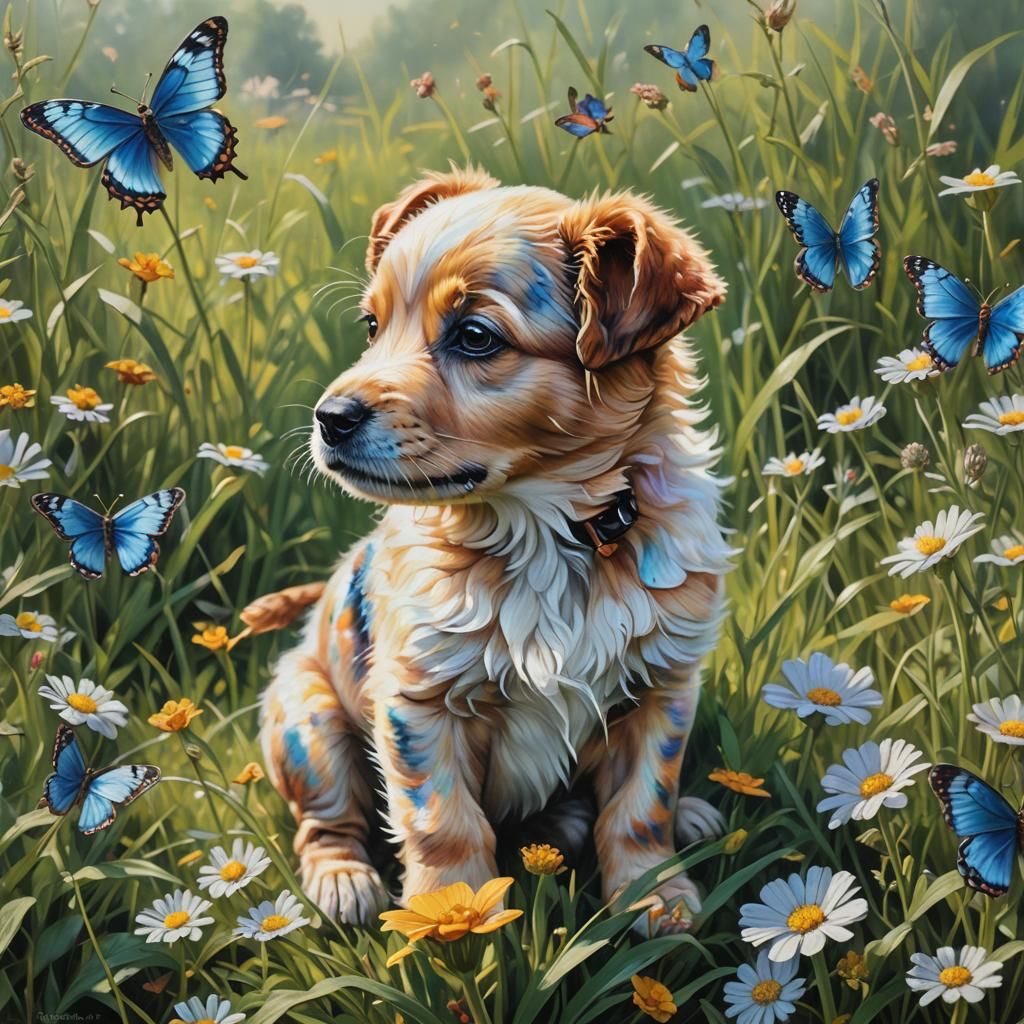 Puppy and Iridescent Butterfly in Meadow