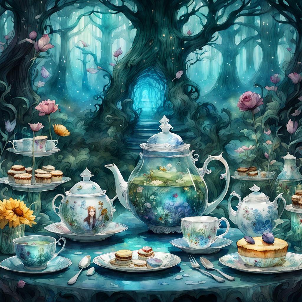 Alice in Wonderland Tea Party in Watercolor Meadow