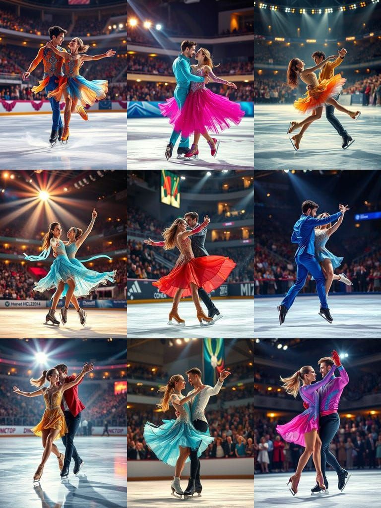 Figure Skating Duo in Vibrant Outfits Perform on Ice