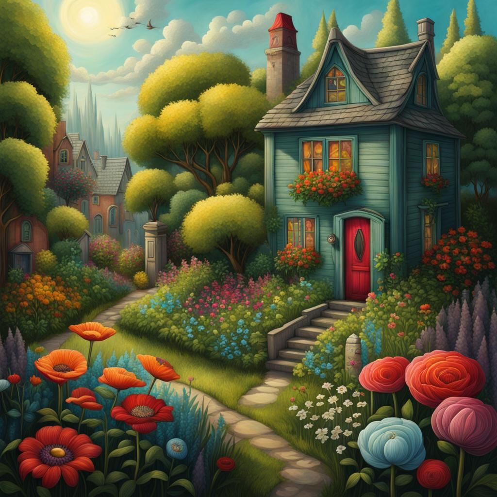 Blooming Garden in Grey City, Digital Fantasy