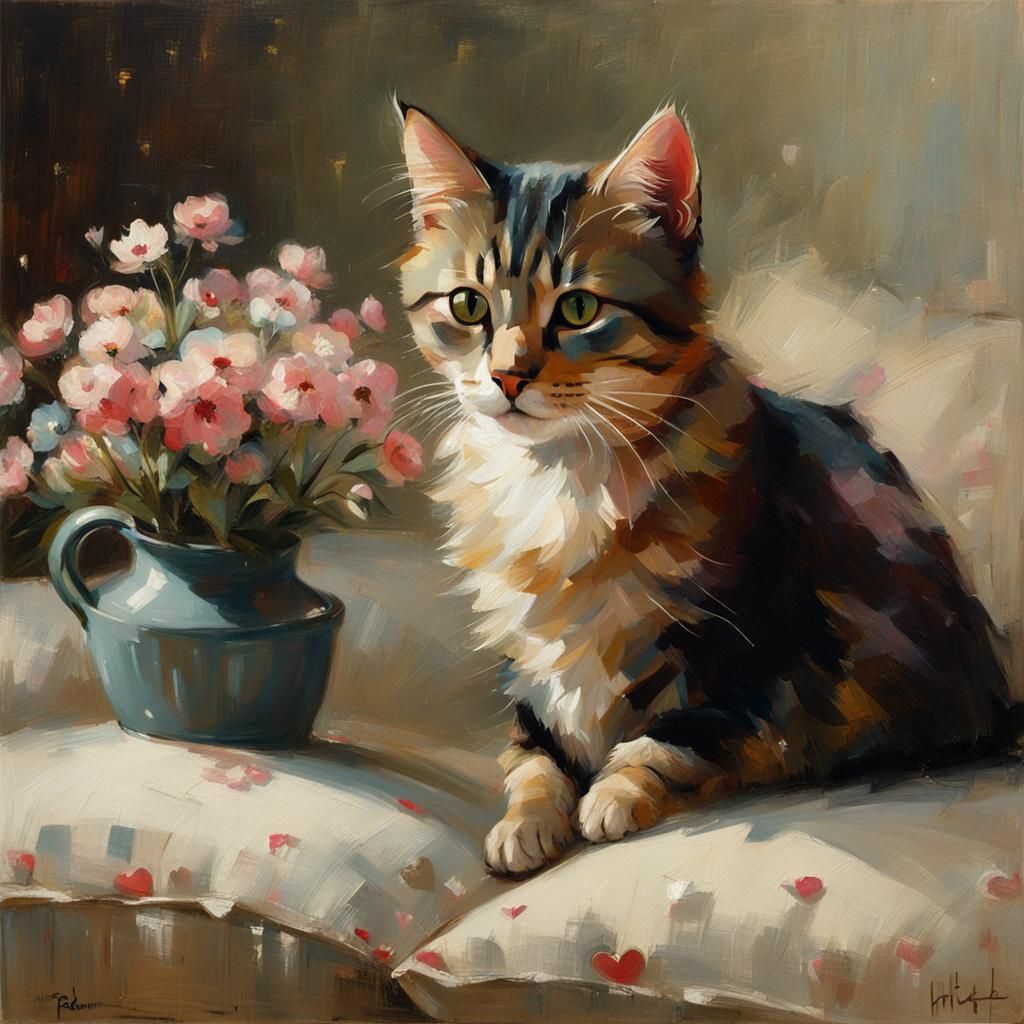 Cute Cat Surrounded by Flowers in Impressionist Style