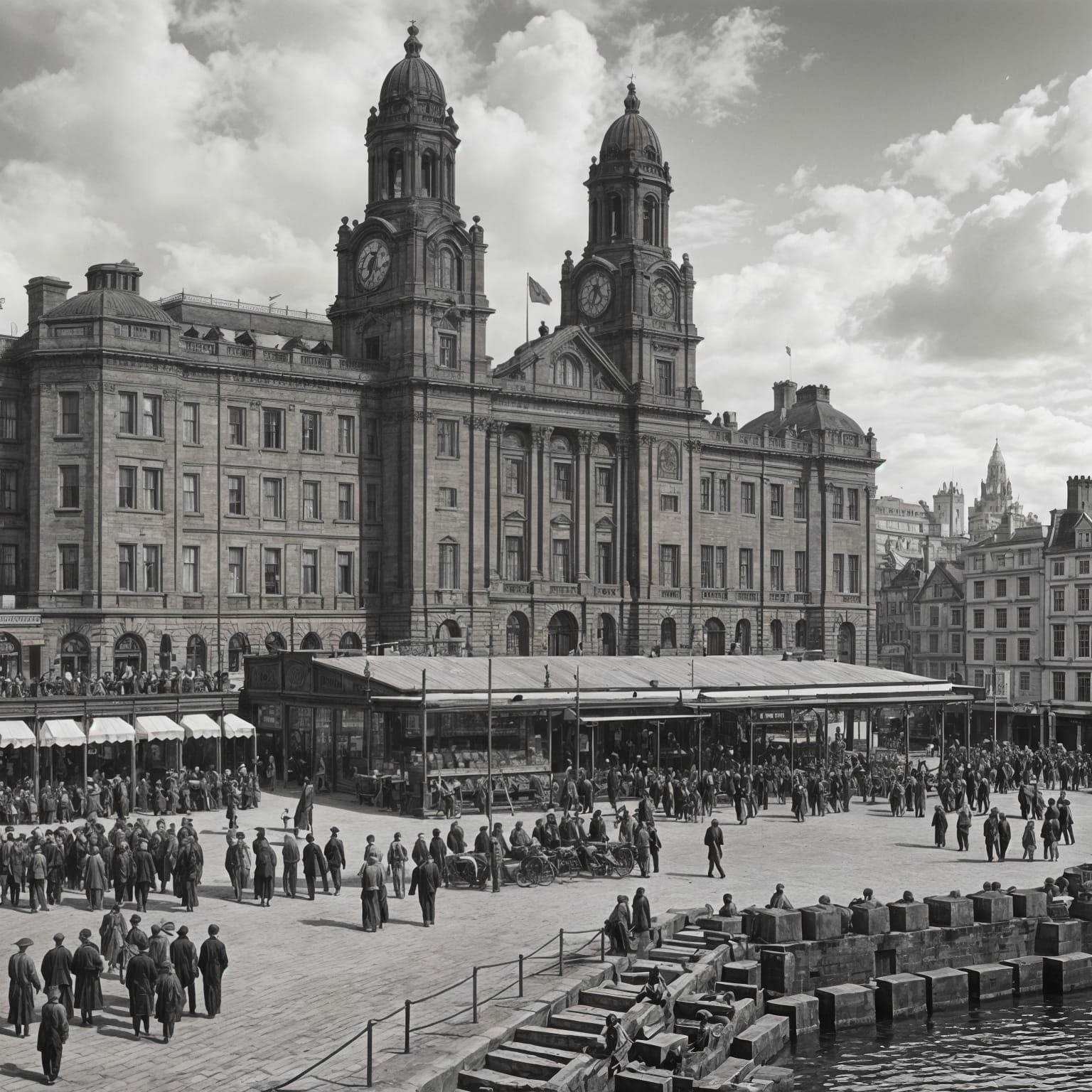 Vintage Liverpool Harbour Scene with Market Life