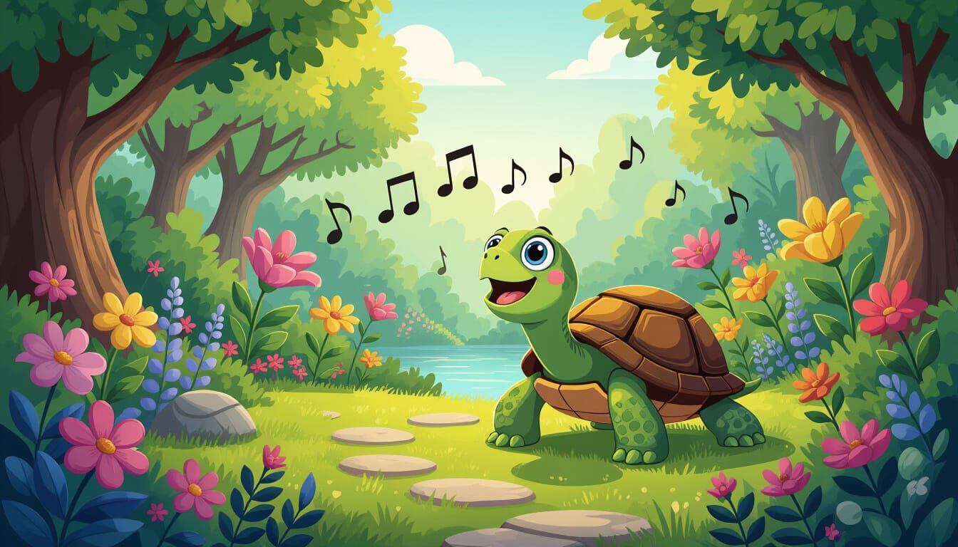Singing Turtle in a Surreal Cartoon Garden