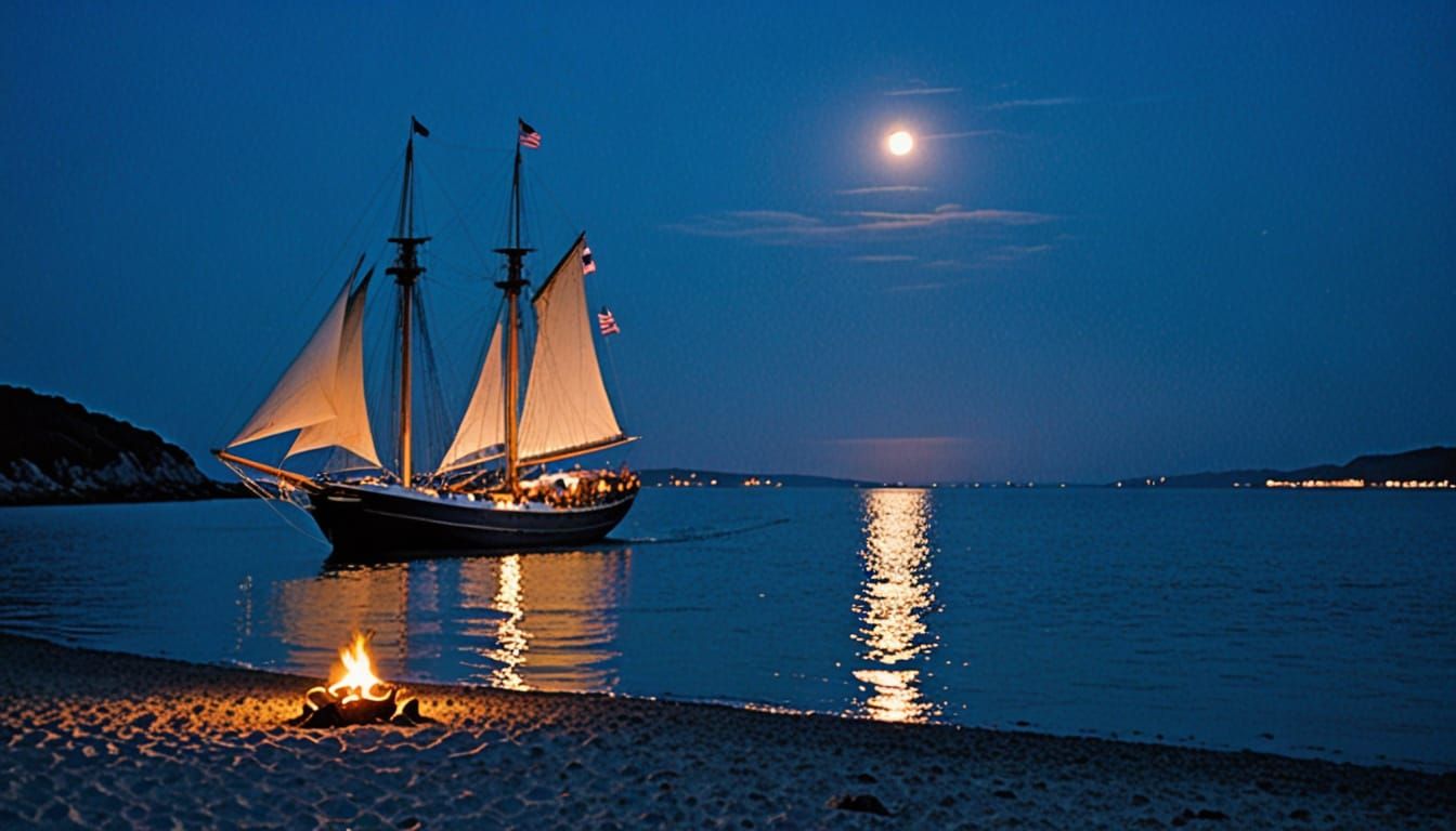 Schooner Anchored in Moonlit Bay at Night