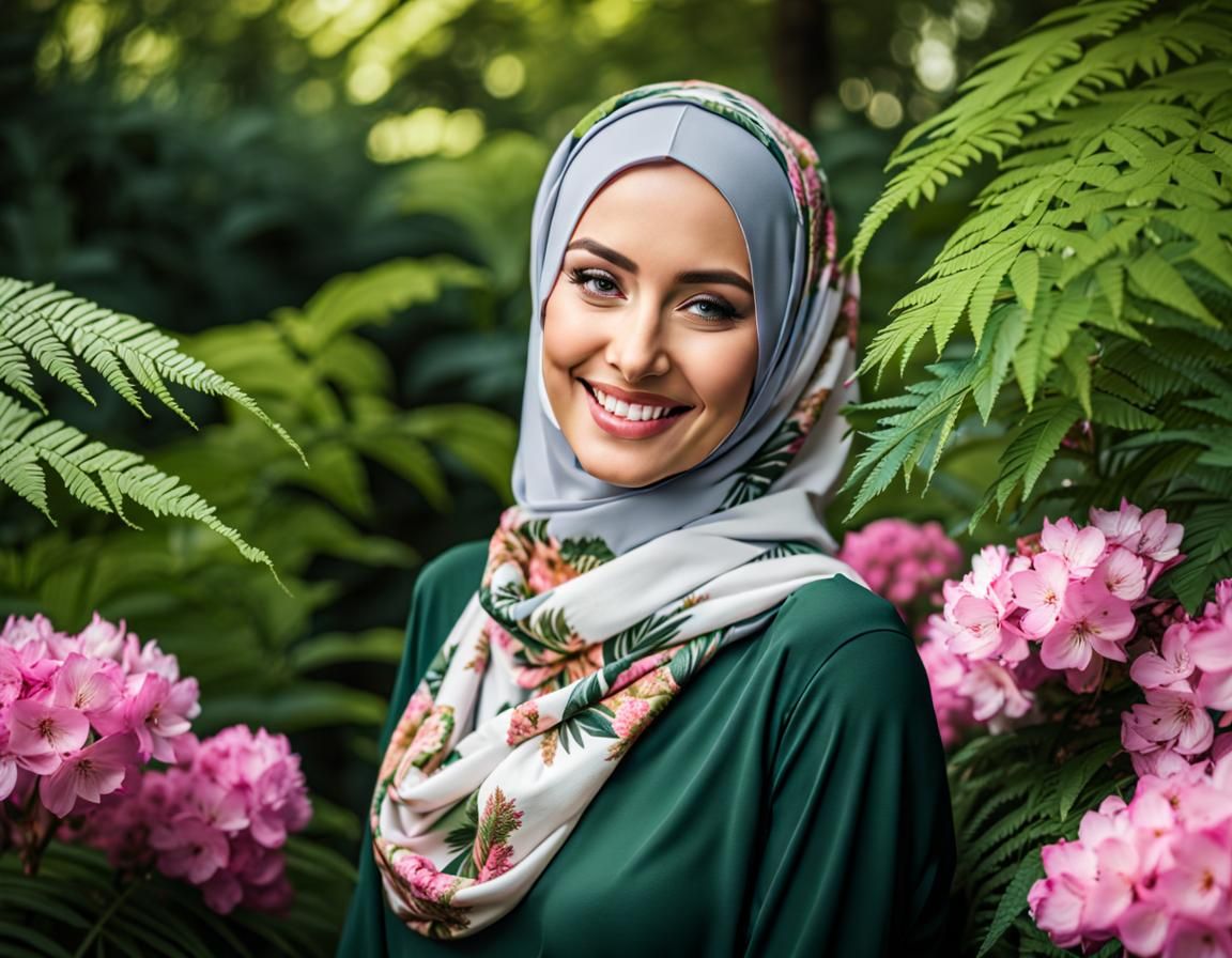 Beautiful Hijabi Woman Smiling in Botanic Garden
