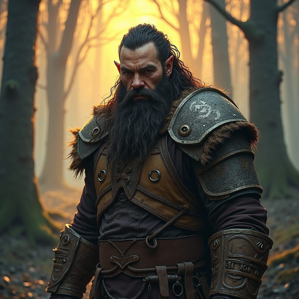 Half-Orc Warrior in Mystical Forest, Dark Fantasy Art