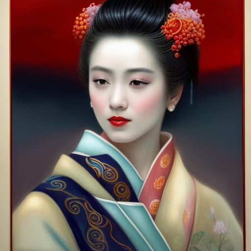 Hyperrealistic Geisha in Ornate Kimono, Ethereal Digital Art