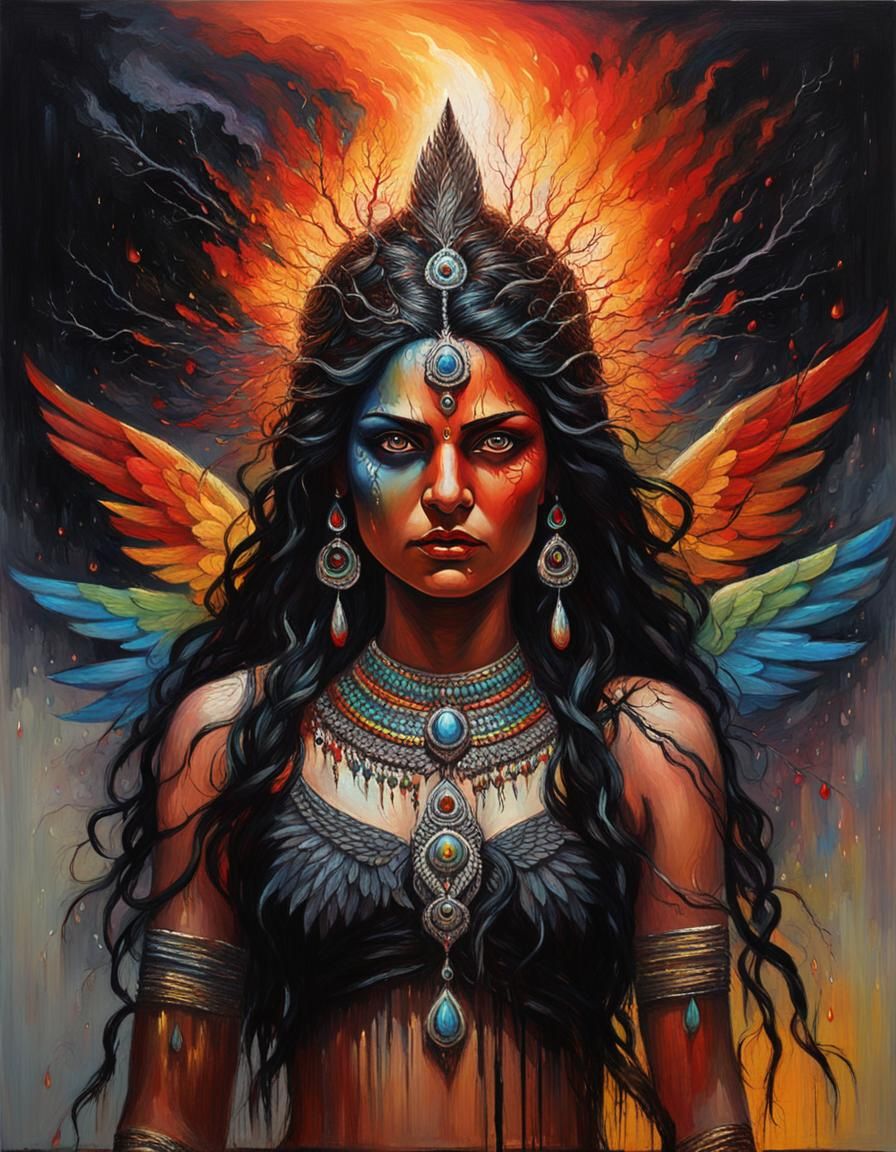Goddess of Darkness with Rainbow Wings, Oil Painting