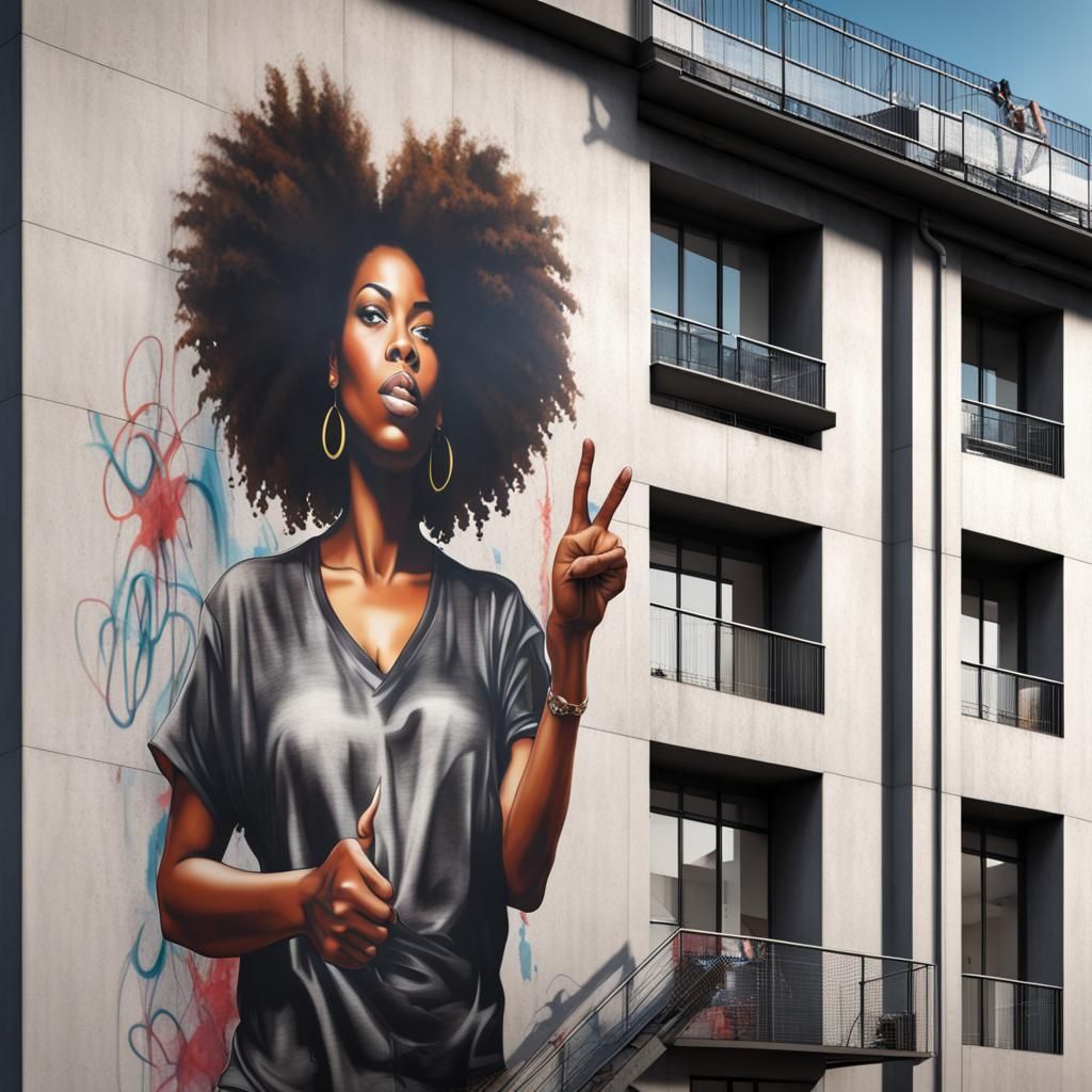 Apartment Building Graffiti Art of Pointing Woman