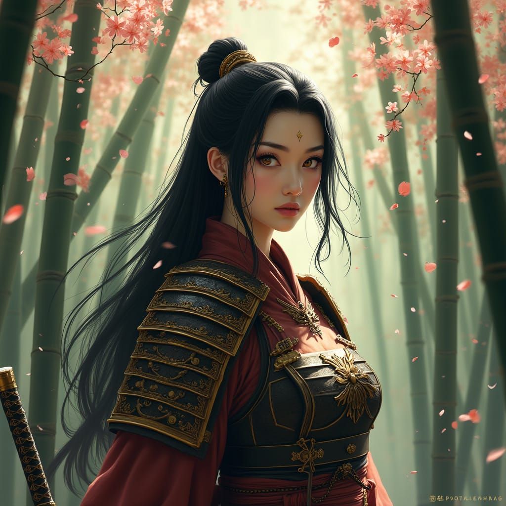 Ethereal Samurai Warrior Queen in Bamboo Forest