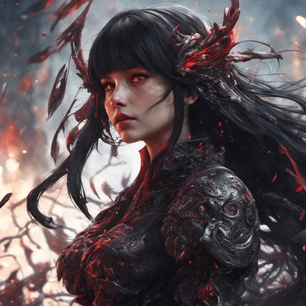 Black Hair Girl with Red Eyes: Fantasy Art