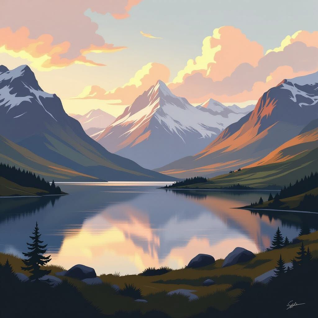 Dreamy Landscape with Hills, Mountains, and Lake