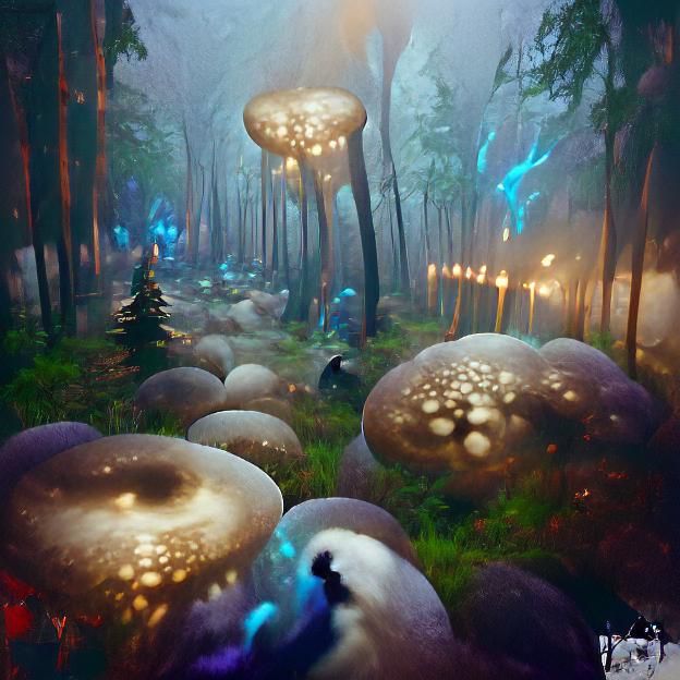 Mystical Mushroom Forest with Blue Flame Orbs