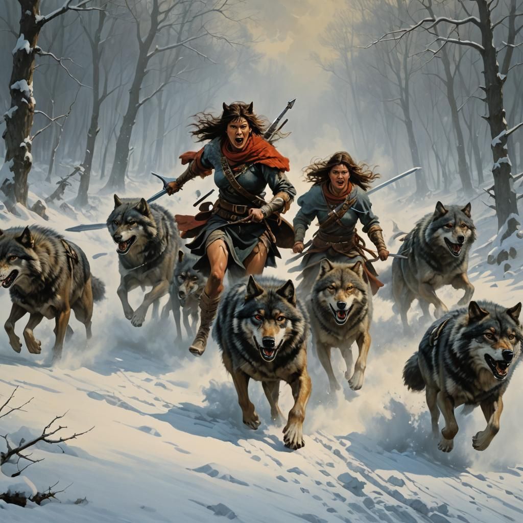 Female Warrior Escaping Wolves in Misty Wilderness