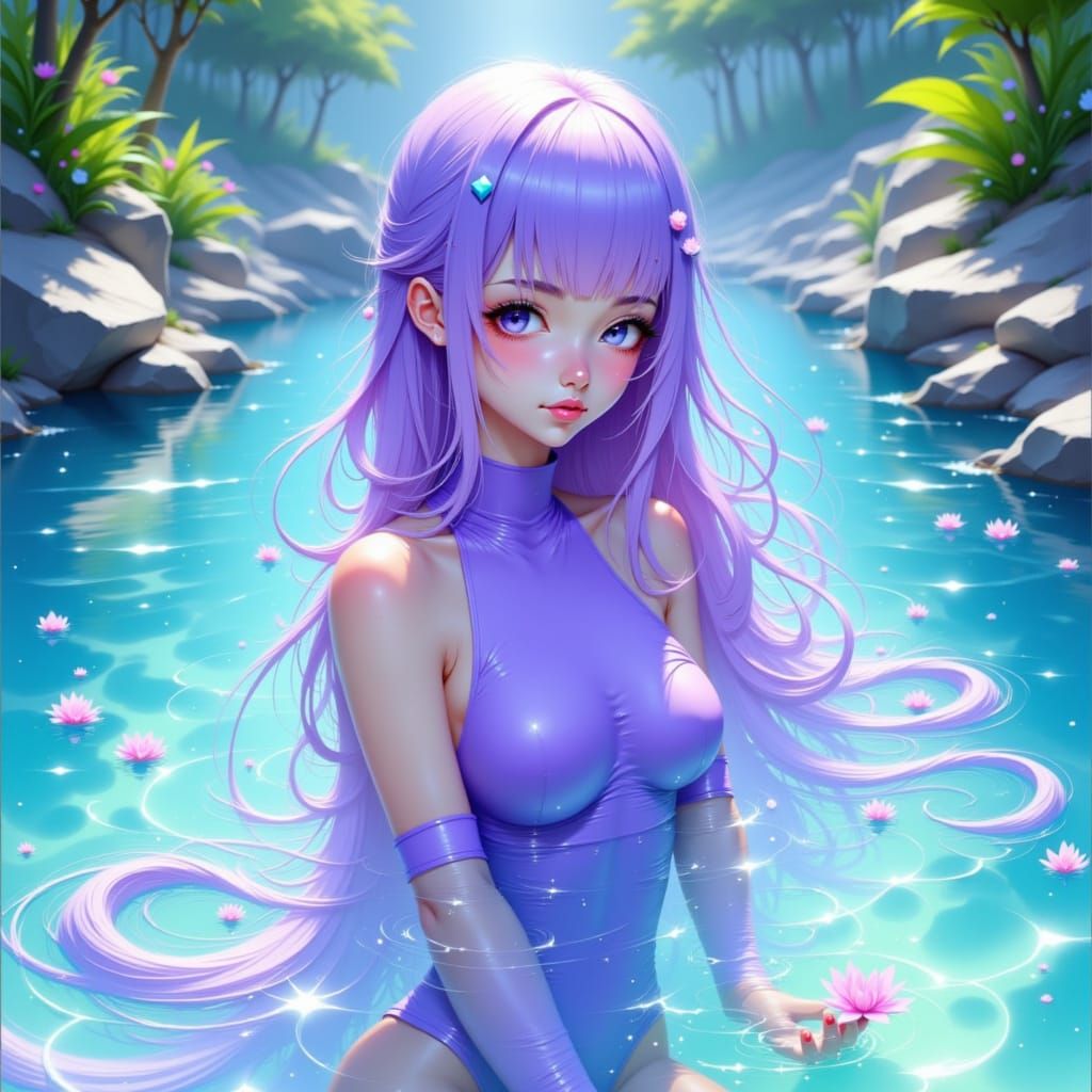 Prism-Haired Woman in Pool, Shōjo Anime Style