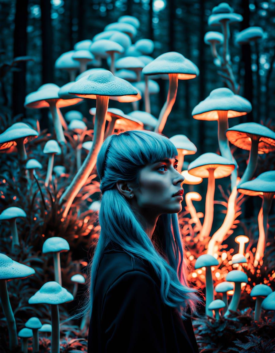 Surrealist Portrait with Glowing Mushrooms in a Dreamlike En...