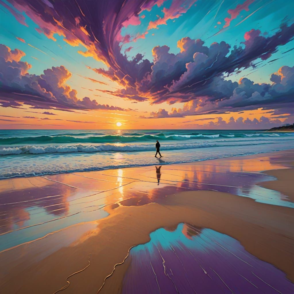 Surreal Beach Stroll in Vibrant Expressionism