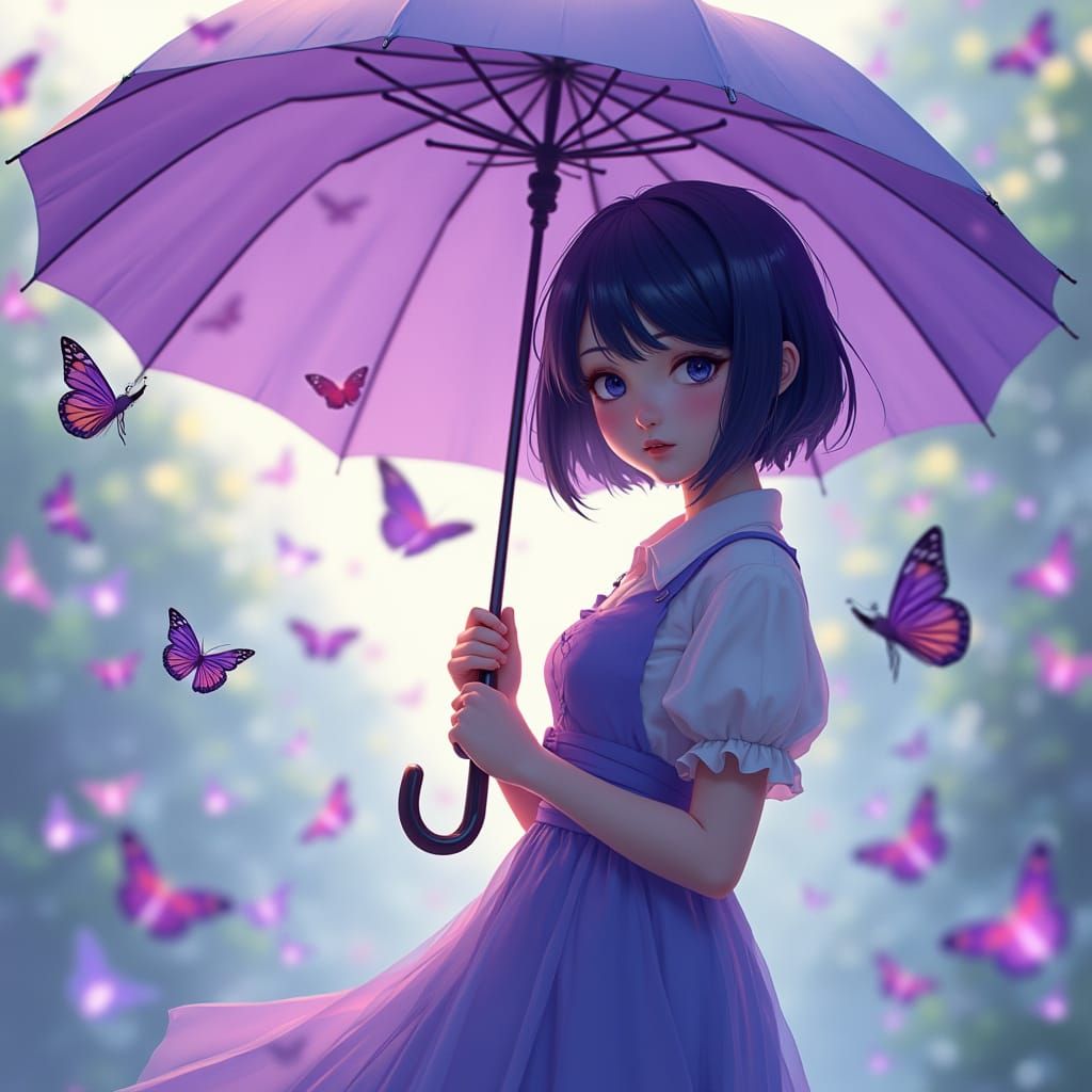 Girl with Short Hair Dances with Moths Under Ethereal Light