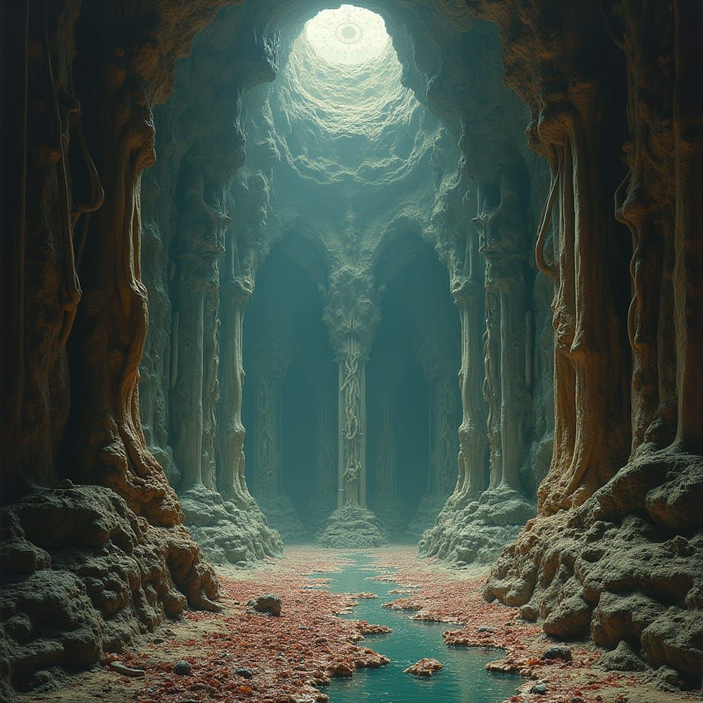 Surreal Cathedral Interior with Biomechanical Elements