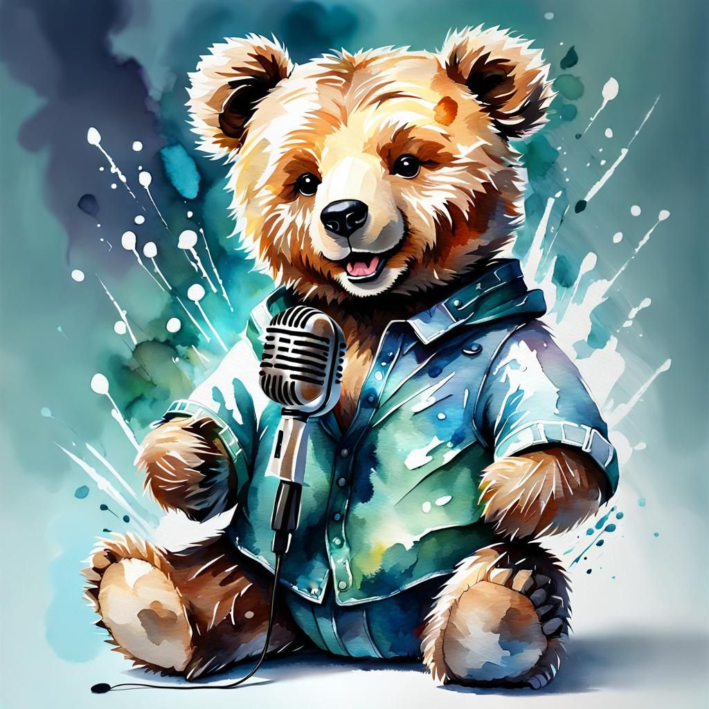 Adorable Teddy Bear Sings Karaoke in Watercolor Style