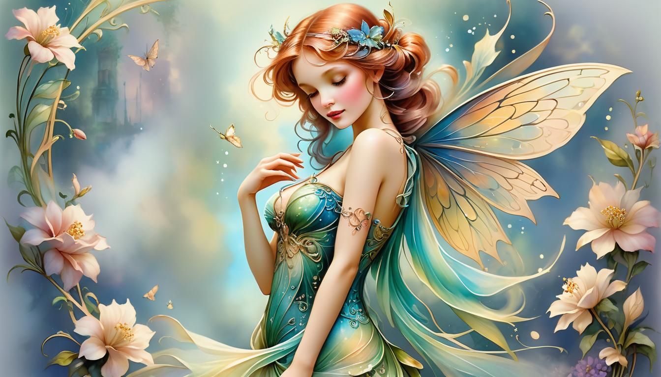 Art Nouveau Fairy with Floral Patterns in Watercolor