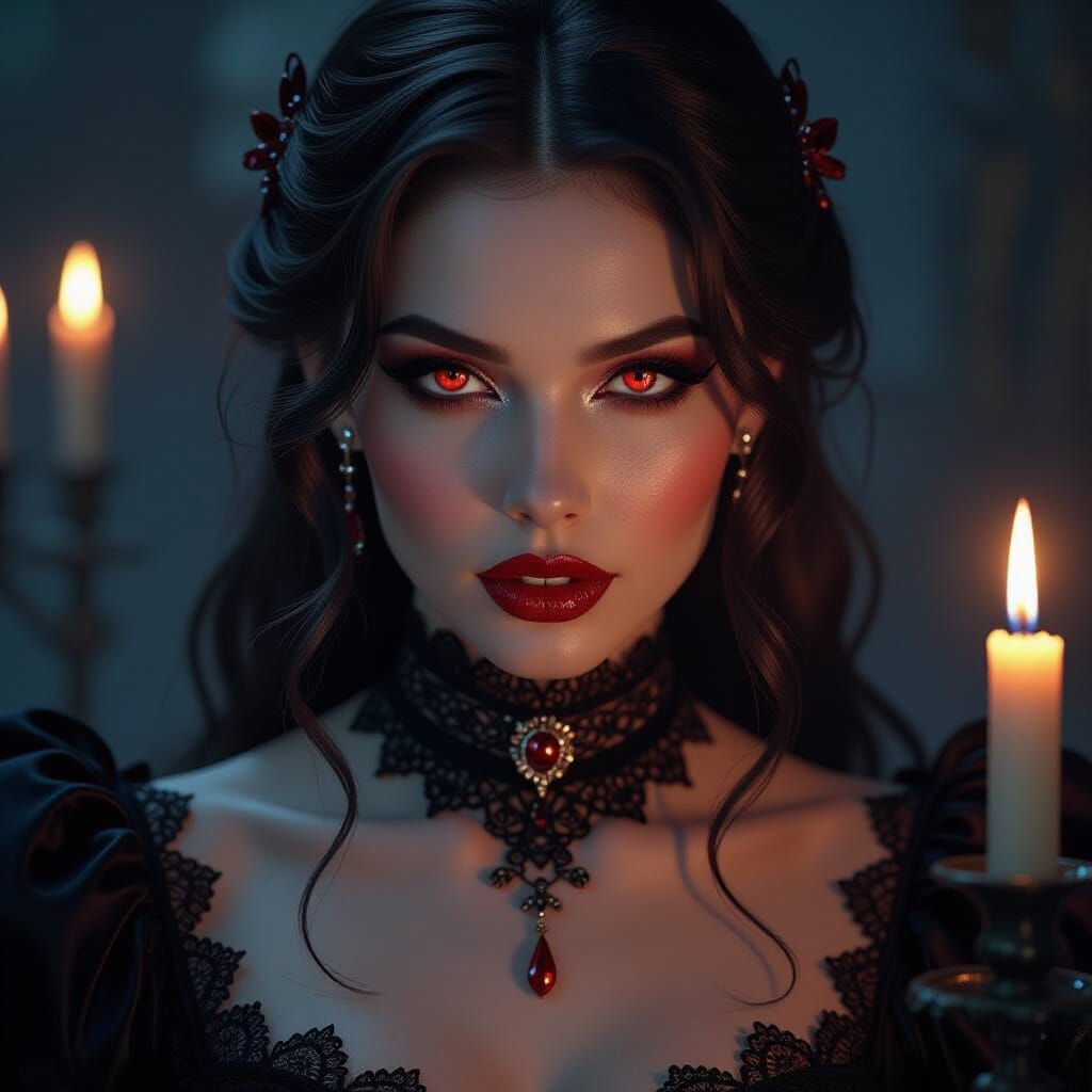 Gothic Vampire Countess in Candlelit Shadows