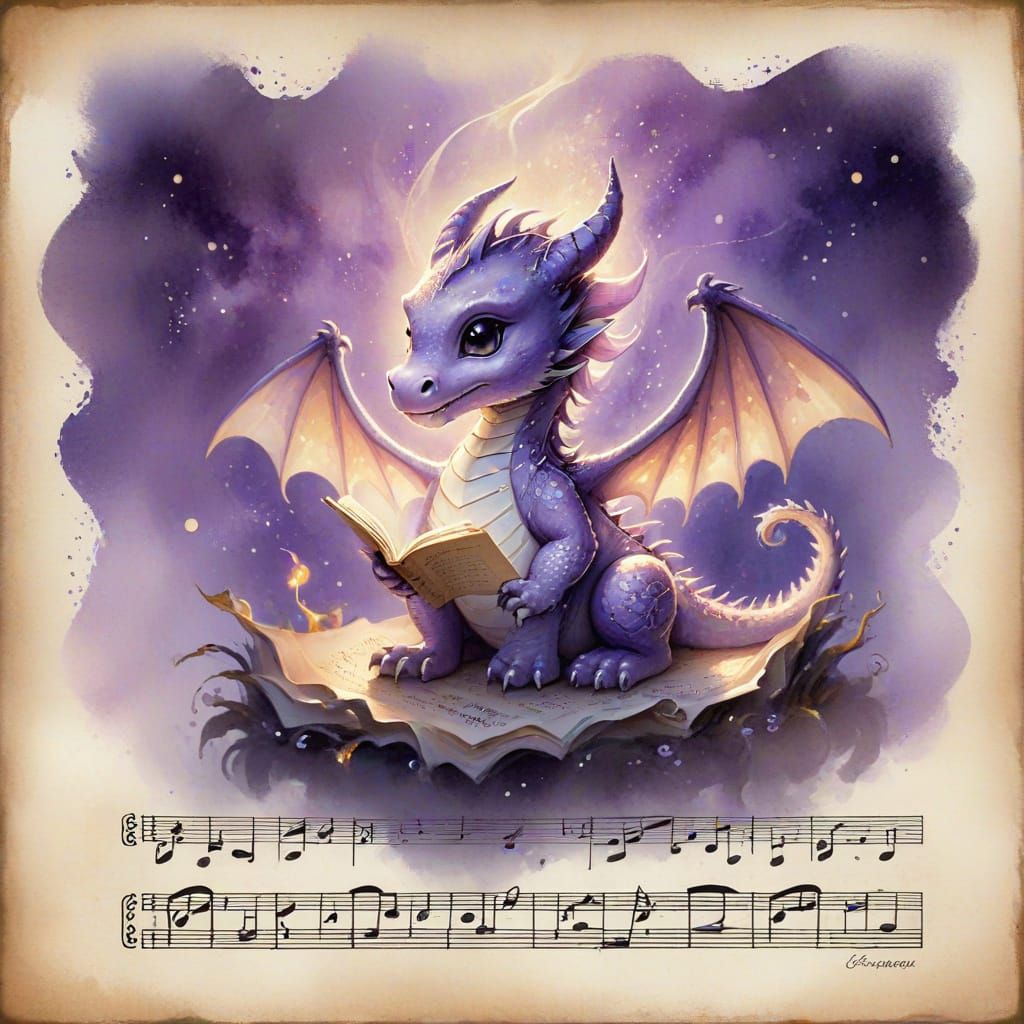 Chibi Dragon on Faded Music Sheet