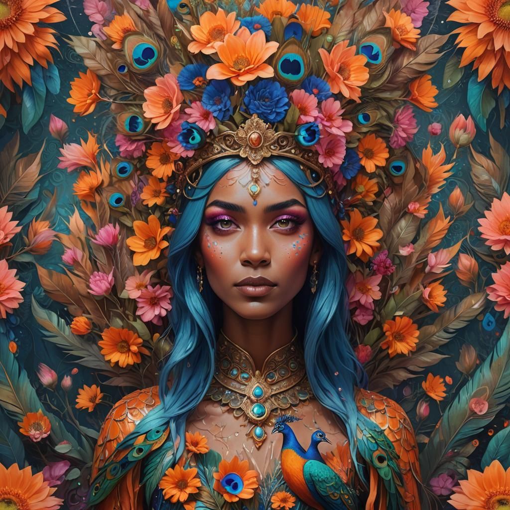 Woman with Peacock Feathers in Digital Matte Painting