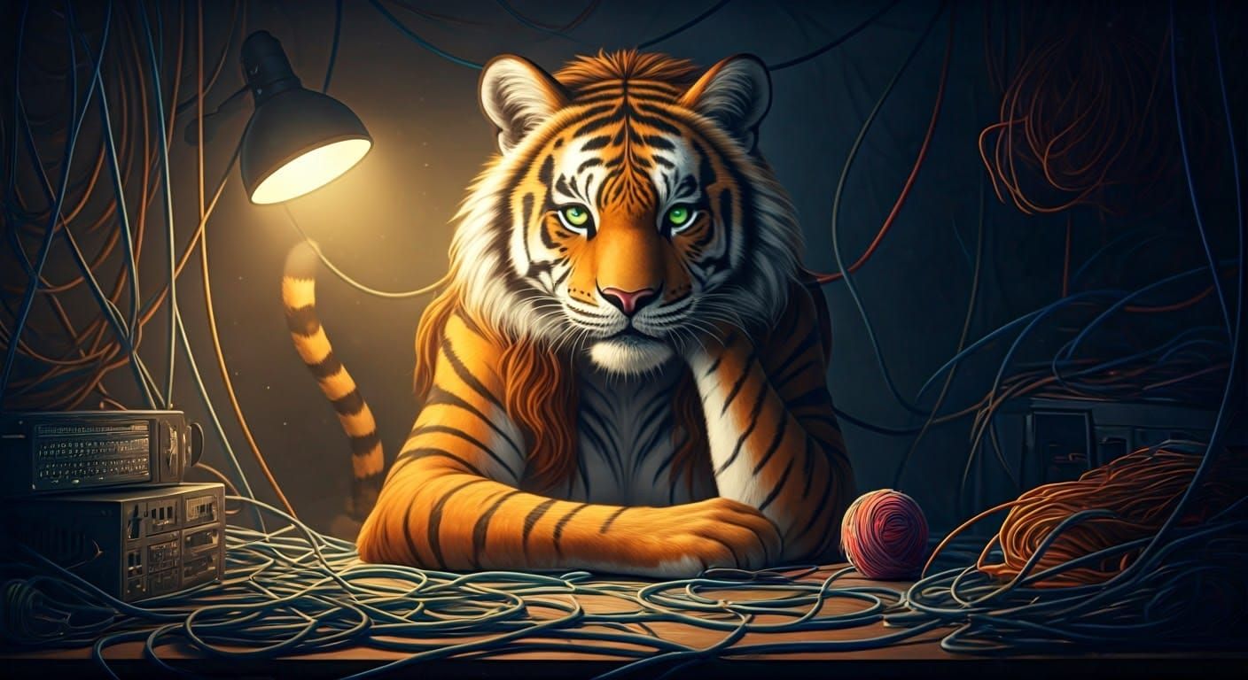 Tigress Amidst Network Cables in Cinematic Film Still Style